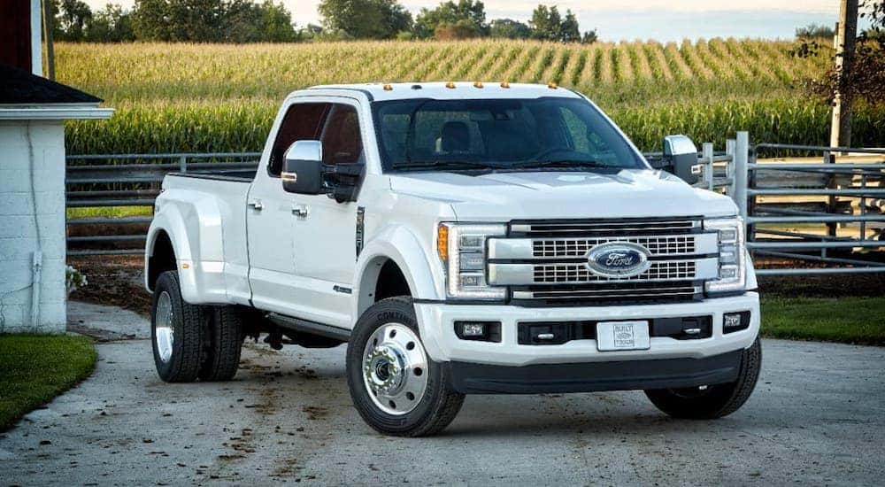A white 2017 Ford F-350 is parked on a farm near Cincinnati, OH.