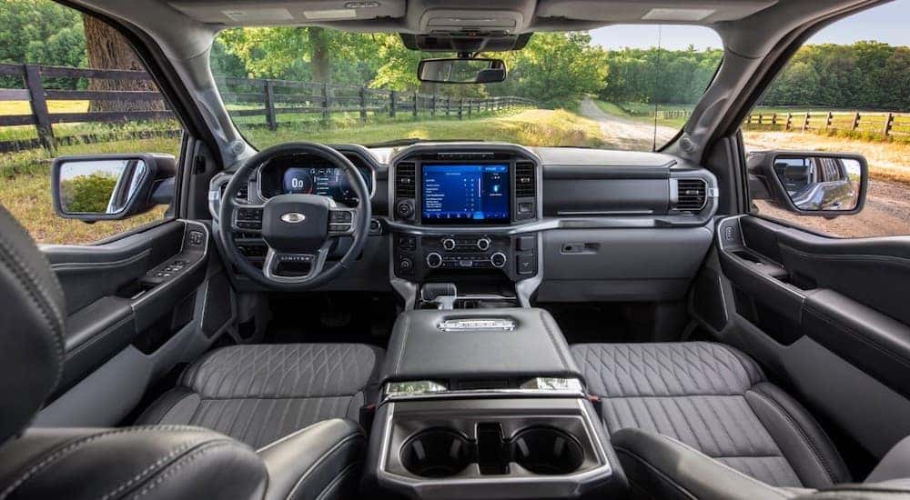 The interior of a 2021 Ford F-150 is shown.