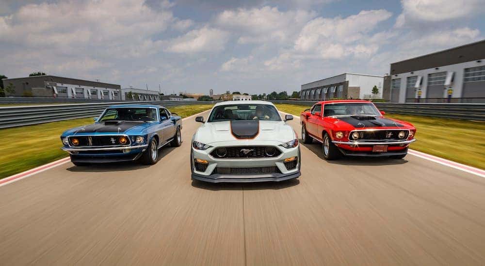 A white 2021 Ford Mustang Mach 1, and a red and blue vintage models are racing on a track.