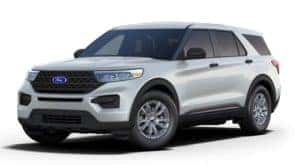 A white 2021 Ford Explorer Hybrid is angled left.