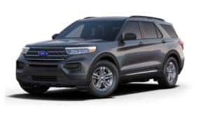 A dark grey 2021 Ford Explorer is angled left.