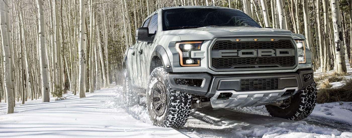 A silver 2017 Ford F-150 Raptor is shown driving on a snowy trail in the woods.