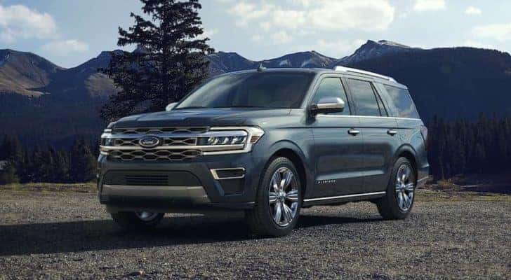 A blue 2022 Ford Expedition is angled left.