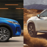 Blue 2021 Nissan Kicks and White 2021 Nissan Rogue