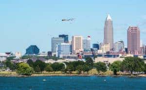 Kites flying over Lake Erie with the skyline of Cleveland Ohio in the background