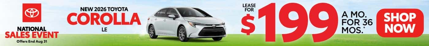 New 2026 Toyota Corolla LE Lease for $199/Mo for 36 Months*