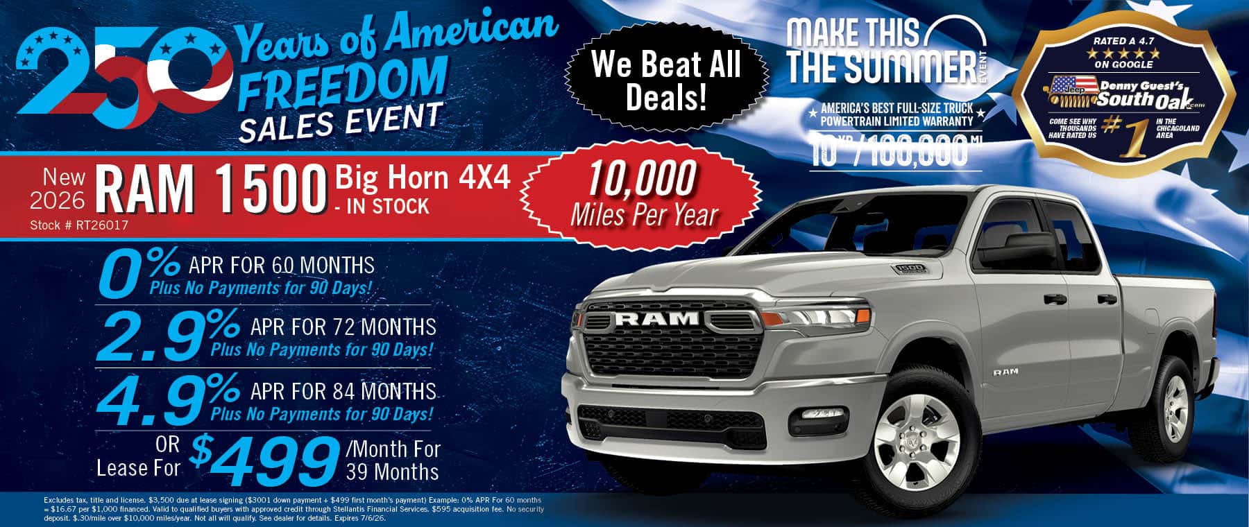 Alt Text: SUMMER ON US SALES EVENT New 2026 RAM 1500 Big Horn 4X4 - IN STOCK Stock # RT26017 0% APR For 60 Month lus No Payments for 90 Days 2.9%%e ApPer 2 Mo Days 4-9% APR For 84 Months Plus No Payments for 90 Days! $499 /Month For 39 Months
