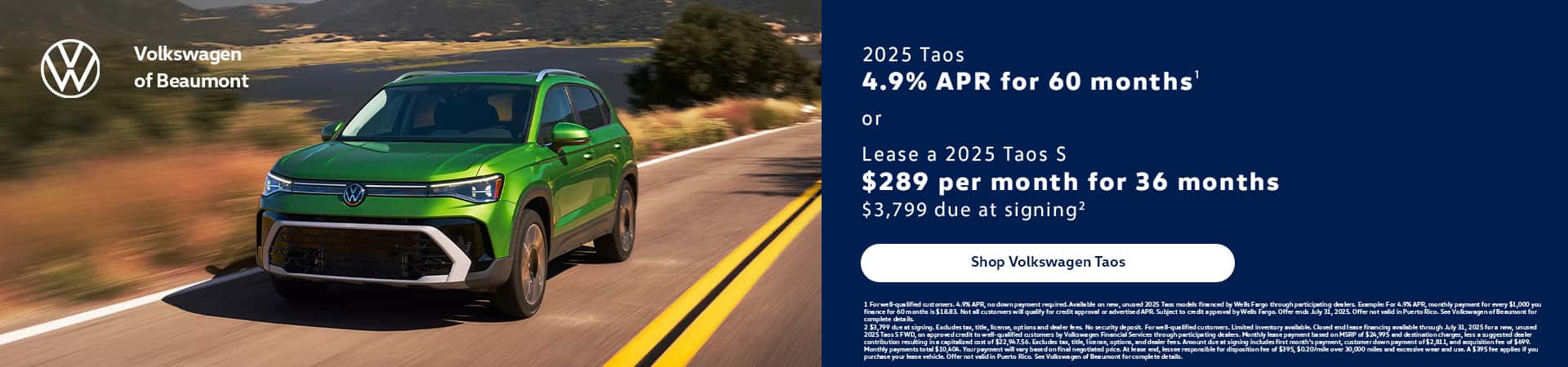 VW Taos as low as 4.9% APR for 60 months offer