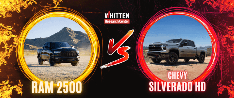 Comparison image showing the RAM 2500 versus the Chevy Silverado HD in a heavy-duty truck face-off