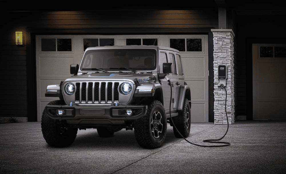 Jeep Wrangler 4xe plugged in and charging. Jeep PHEV SUV.
