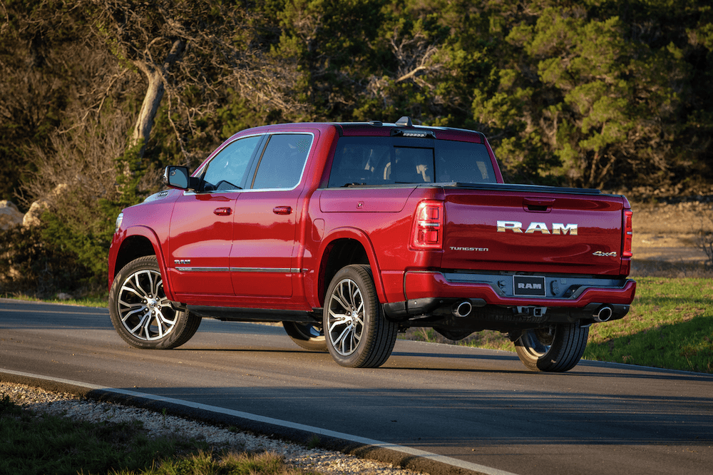 Red 2026 RAM 1500 rear view of truck bed